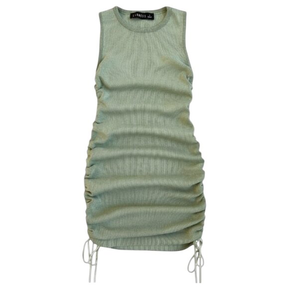 Lioness Ribbed Knit Ruched Mini Dress Olive Green Sage Bodycon Small - Picture 4 of 11